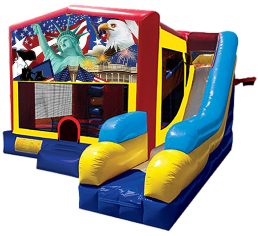 Patriotic themed bounce house with slide and obstacles, background removed.