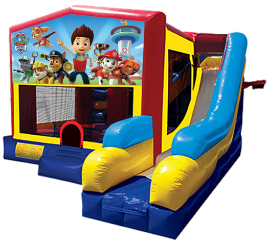 Paw Patrol themed bounce house with slide and obstacles, background removed.