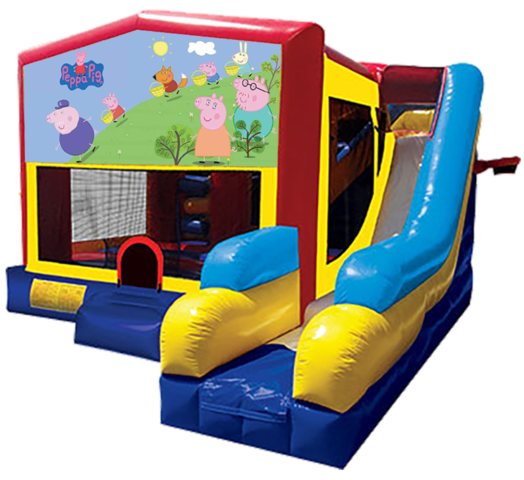 Peppa Pig themed bounce house with slide and obstacles, background removed.