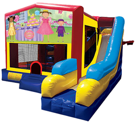 Pinkalicious themed bounce house with slide and obstacles, background removed.