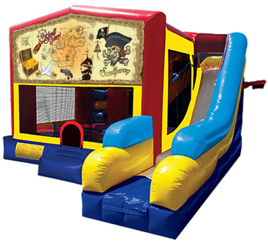 Pirates themed bounce house with slide and obstacles, background removed.