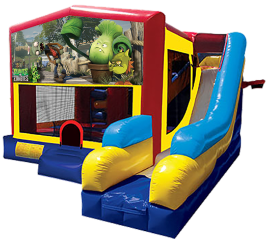 Plants vs. Zombies themed bounce house with slide and obstacles, background removed.