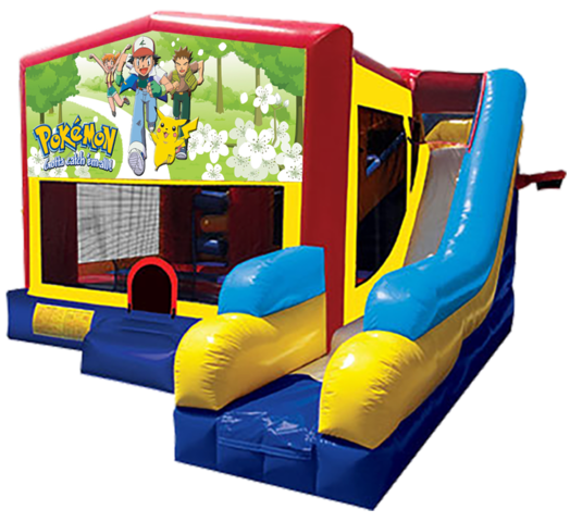 Pokemon themed bounce house with slide and obstacles, background removed.