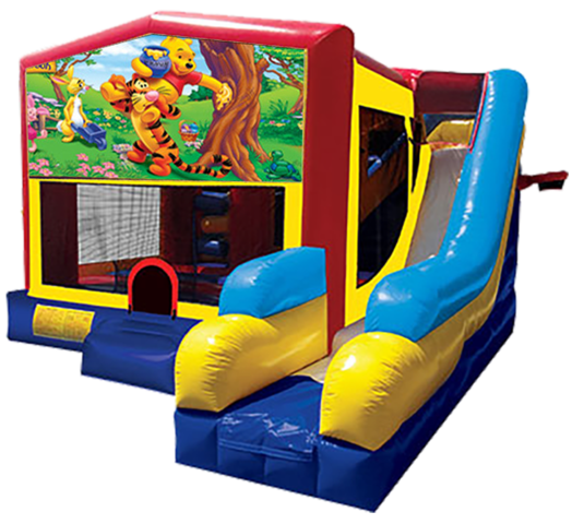 Pooh themed bounce house with slide and obstacles, background removed.