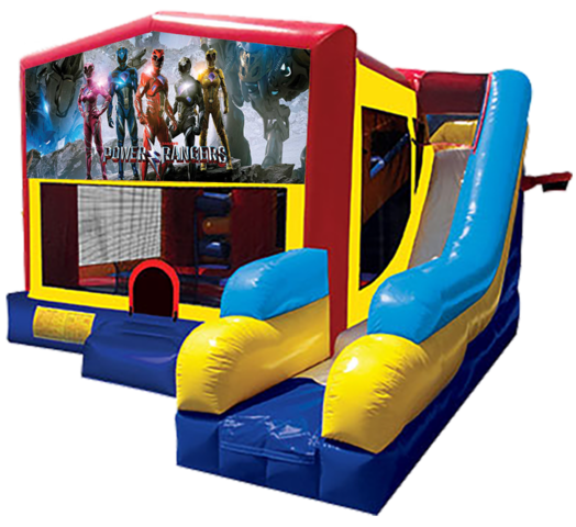 Power Rangers themed bounce house with slide and obstacles, background removed.
