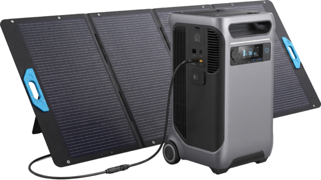 Solar generator with power bank and solar panel shown with background removed.