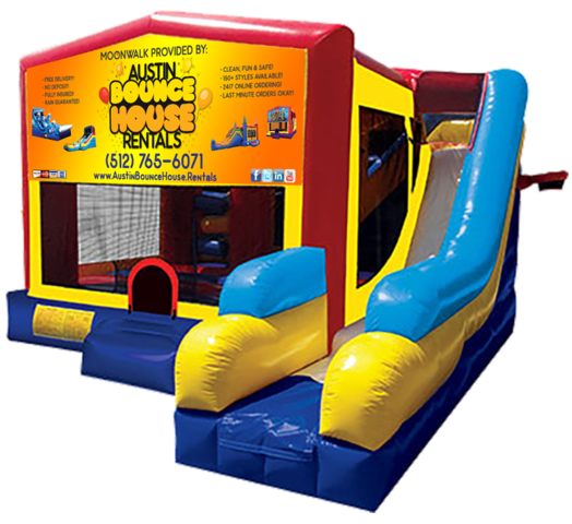 Promotional themed bounce house with slide and obstacles, background removed.