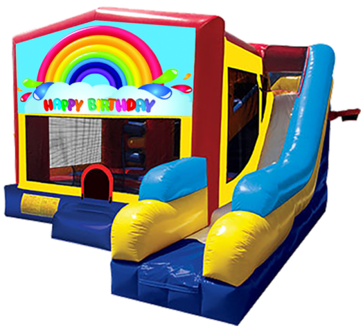 Rainbow Birthday themed bounce house with slide and obstacles, background removed.