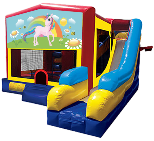Rainbow Unicorn themed bounce house with slide and obstacles, background removed.