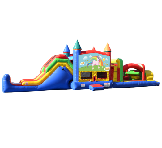Rainbow Unicorn Super Duper Combo 5-in-1 inflatable rental outside view with no background