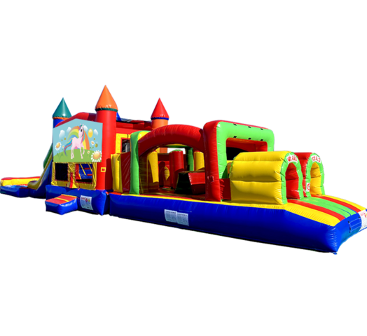 Rainbow Unicorn Super Duper Combo inflatable rental outside view from Austin Bounce House Rentals