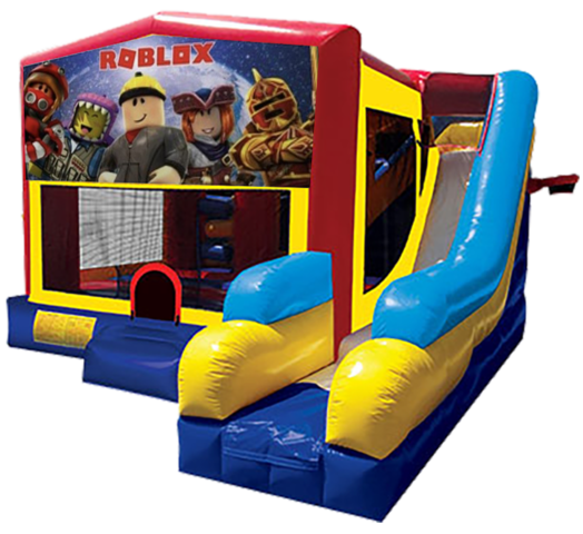 Roblox themed bounce house with slide and obstacles, background removed.