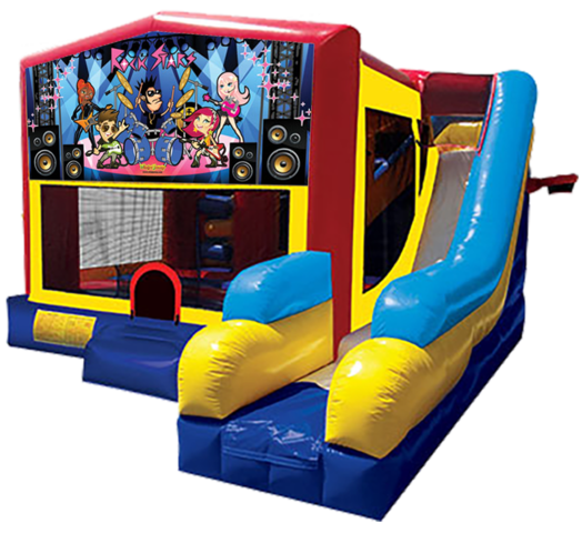 Rock Star themed bounce house with slide and obstacles, background removed.