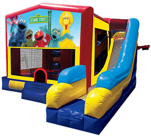 Sesame Street Elmo themed bounce house with slide and obstacles, background removed.