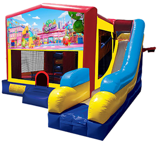 Shopkins themed bounce house with slide and obstacles, background removed.