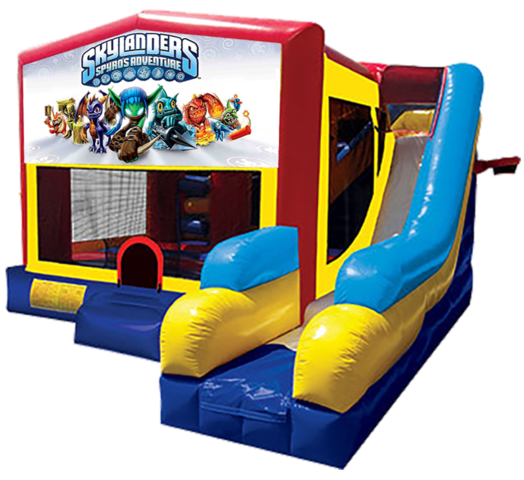 Skylanders themed bounce house with slide and obstacles, background removed.