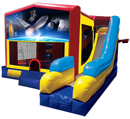 Space Explorers themed bounce house with slide and obstacles, background removed.