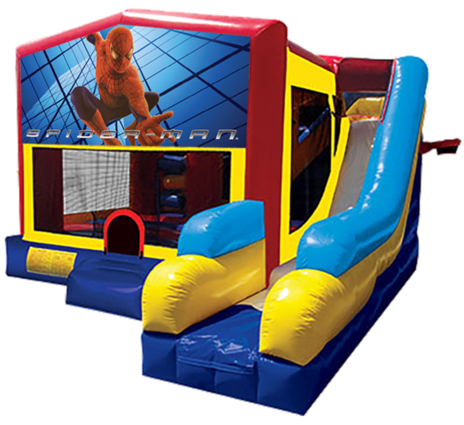 Spiderman themed bounce house with slide and obstacles, background removed.