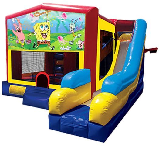 Sponge Bob themed bounce house with slide and obstacles, background removed.