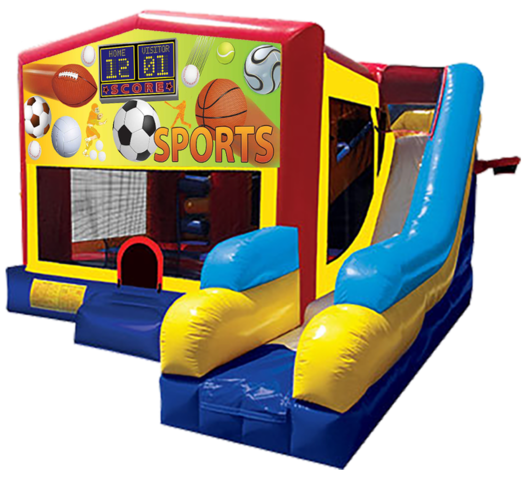 Sports themed bounce house with slide and obstacles, background removed.