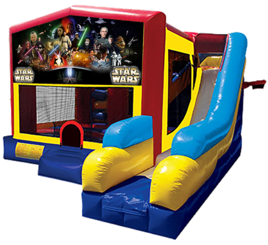Star Wars themed bounce house with slide and obstacles, background removed.