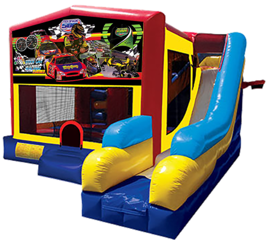 Stock Car Racing themed bounce house with slide and obstacles, background removed.