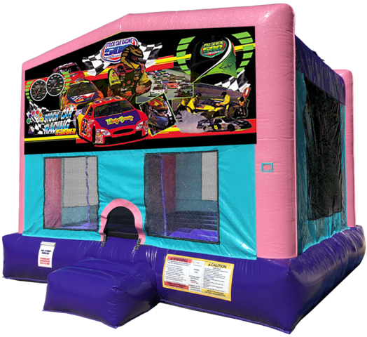 Stock Car Racing Sparkly Pink Bounce House rentals in Austin Texas from Austin Bounce House Rentals