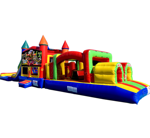 Stock Car Racing Super Duper Combo inflatable rental outside view from Austin Bounce House Rentals