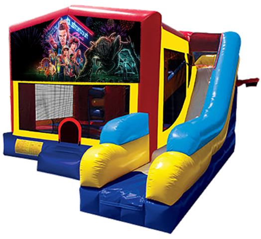 Stranger Things themed bounce house with slide and obstacles, background removed.