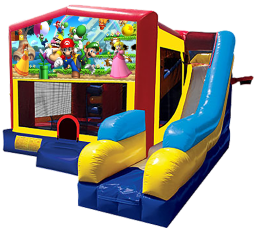 Super Mario themed bounce house with slide and obstacles, background removed.