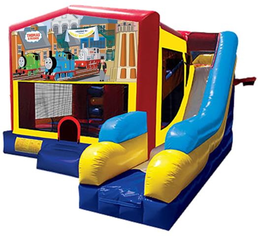 Thomas the Train themed bounce house with slide and obstacles, background removed.