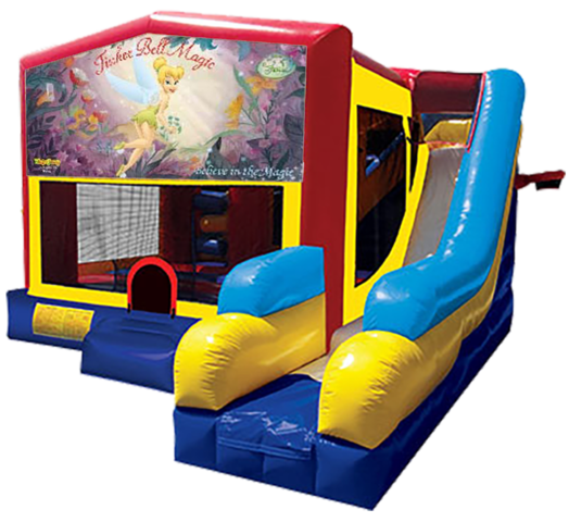 Tinkerbell themed bounce house with slide and obstacles, background removed.