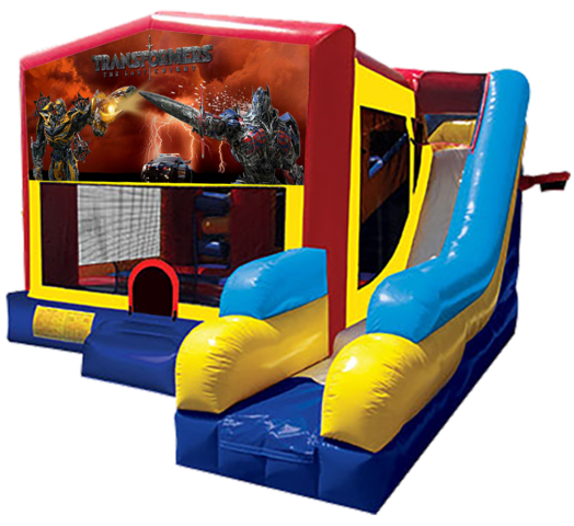 Transformers themed bounce house with slide and obstacles, background removed.