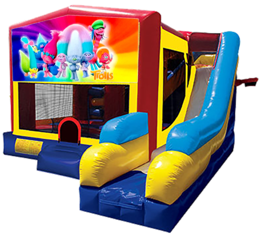 Trolls themed bounce house with slide and obstacles, background removed.
