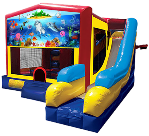 Under the Sea themed bounce house with slide and obstacles, background removed.
