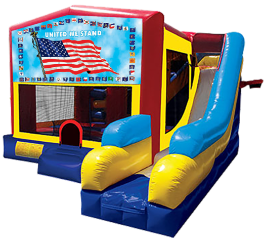 United We Stand themed bounce house with slide and obstacles, background removed.