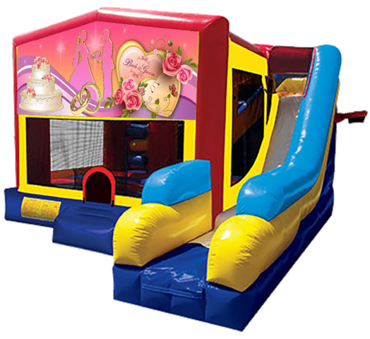 Wedding Hearts themed bounce house with slide and obstacles, background removed.