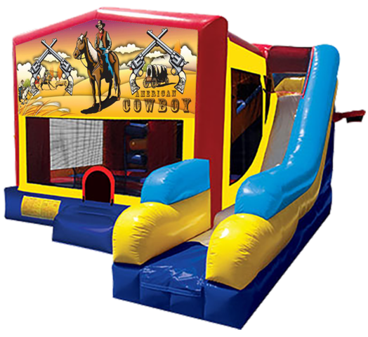 Western Cowboy themed bounce house with slide and obstacles, background removed.