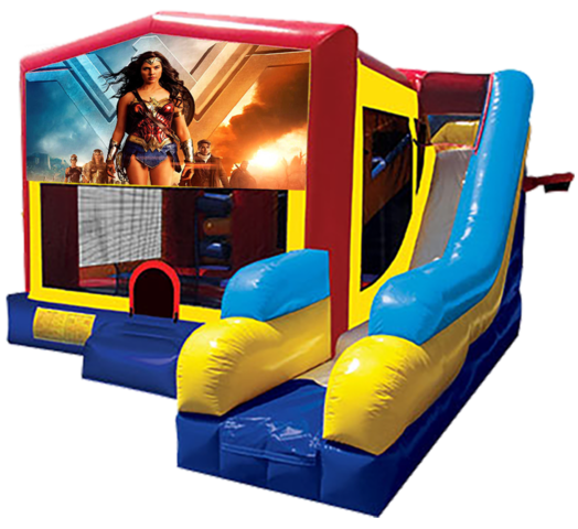 Wonder Woman themed bounce house with slide and obstacles, background removed.
