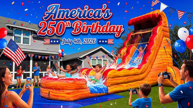 Blazing Tides Slide setup outdoors for a 4th of July party with kids playing and parents watching.