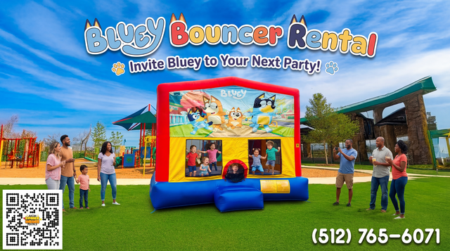 a Bluey themed bounce house with kids jumping and parents watching in a park in Texas