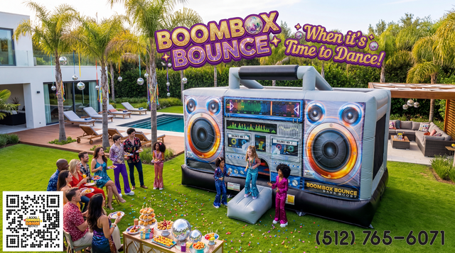 the boombox bounce setup in a yard with kids playing and parents watching at a disco party