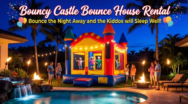 a bouncy castle setup in the evening at a nice backyard party with pool nearby and parents watching.