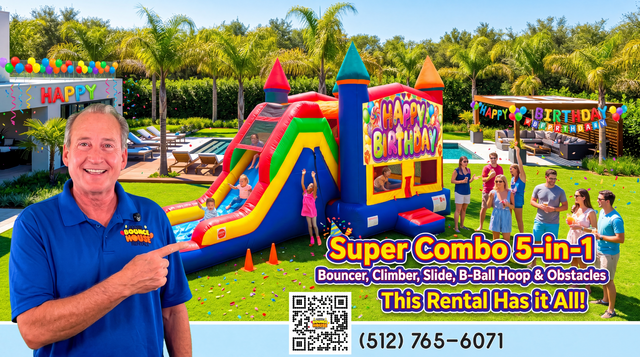 Jeff from Austin Bounce House Rentals™ showing the Happy Birthday Super Combo 5-in-1 in a nice backyard with kids playing and parents watching.