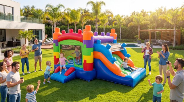 Build and Play Toddler Combo straight shot in backyard with toddlers and parents playing.