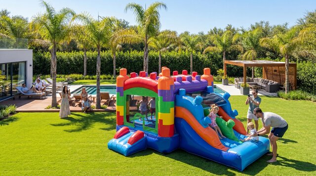 Build and Play Toddler Combo setup in nice yard on sunny day with toddler playing and parents watching