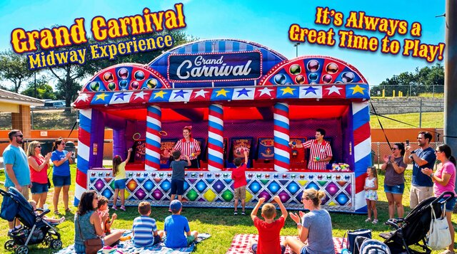 Grand Carnival Midway Experience rental setup outdoors in Austin Texas with kids playing carnival games and parents watching.