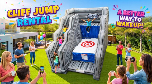 Cliff Jump inflatable rental item shown in a yard with kids jumping off and parents standing around drinking coffee in the morning.