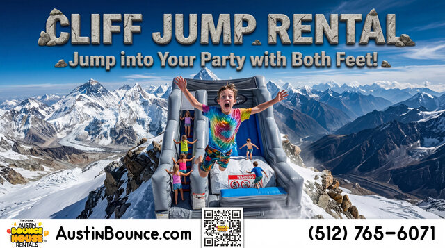 The Cliff Jump inflatable setup on top of Mt. Everest with a kid jumping super high and screaming!