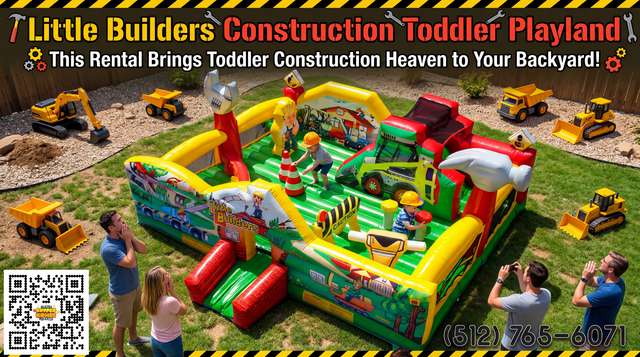 The Little Builders Construction Toddler Playland setup in a backyard with miniature construction vehicles laying all around. From Austin Bounce House Rentals™